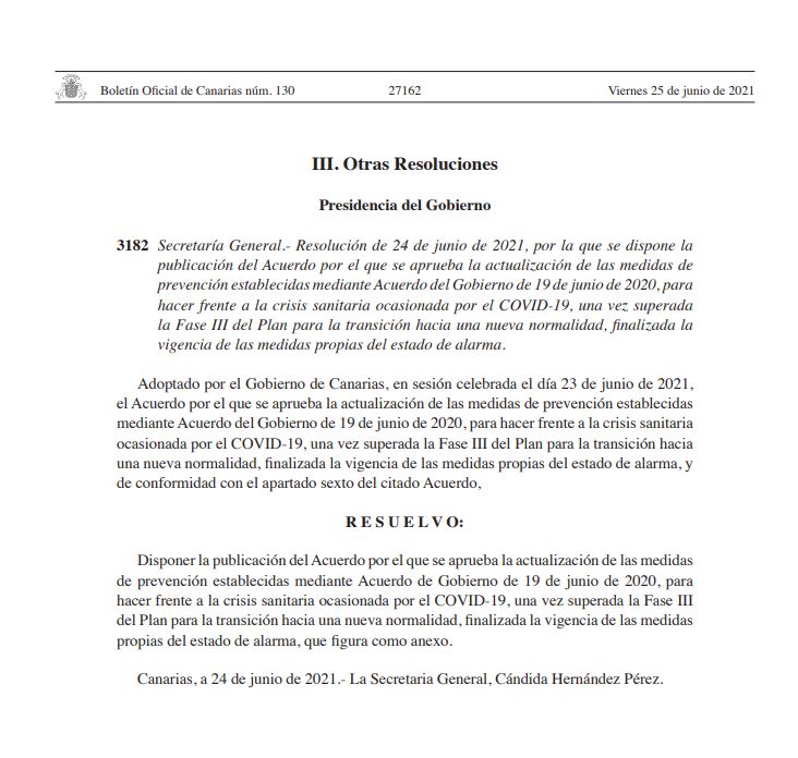 BOC 25 junio 2021. Medidas Covid